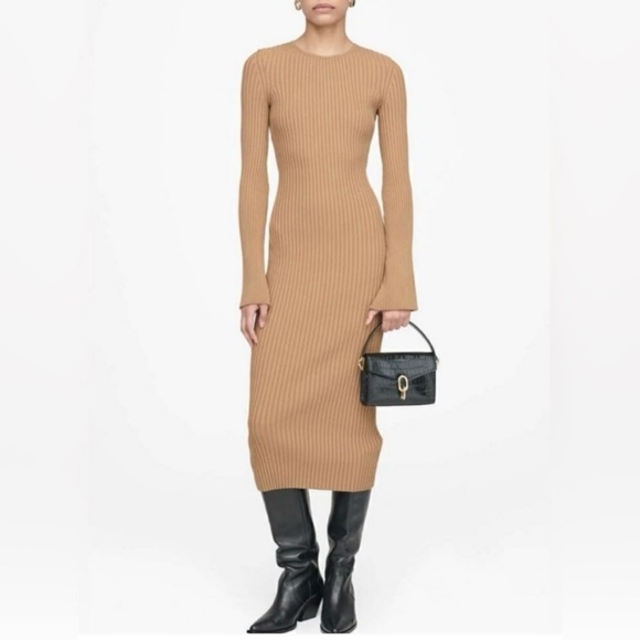 NWT Anine Bing Sia Ribbed Flare Sleeve Midi Dress Size Large Neutral Camel - Picture 1 of 7